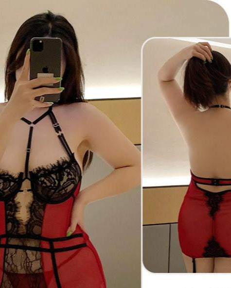 Plus Size Lace Mesh Lingerie With Stockings - Sinderella