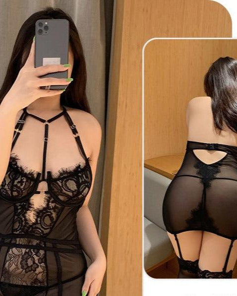 Plus Size Lace Mesh Lingerie With Stockings - Sinderella