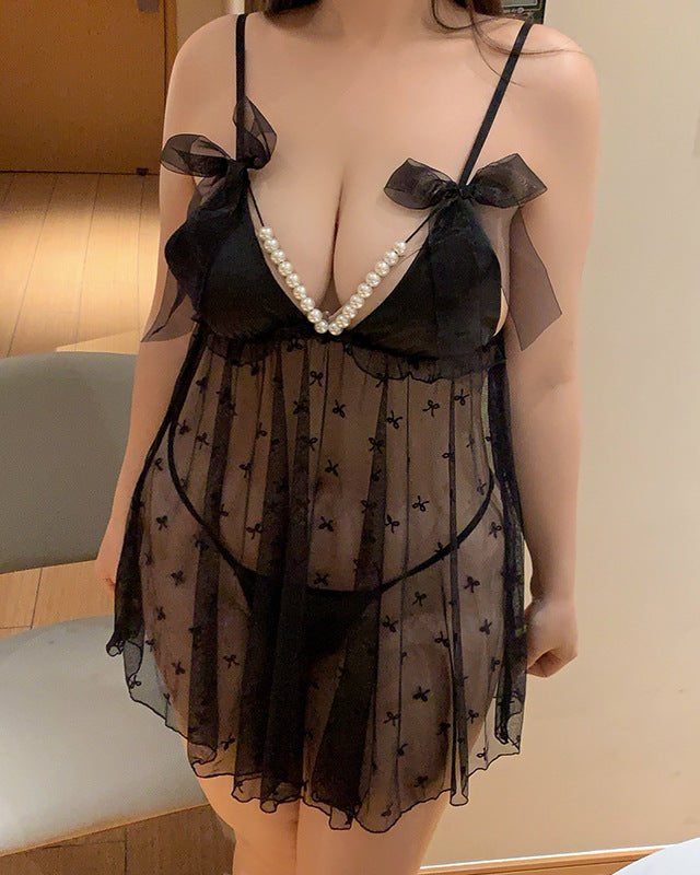 Plus Size Pearl Embellished Two Piece Babydoll Lace Mesh Lingerie Set - Sinderella