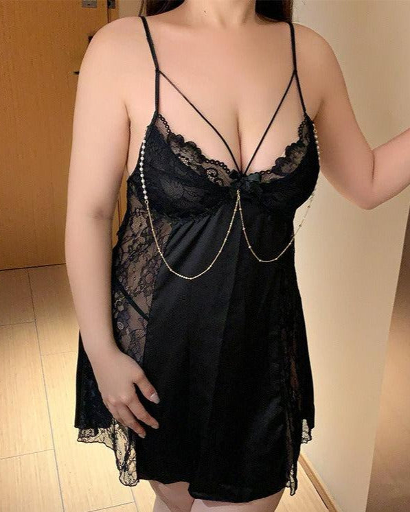 Plus Size See Through Satin Lace Lingerie Set - Sinderella