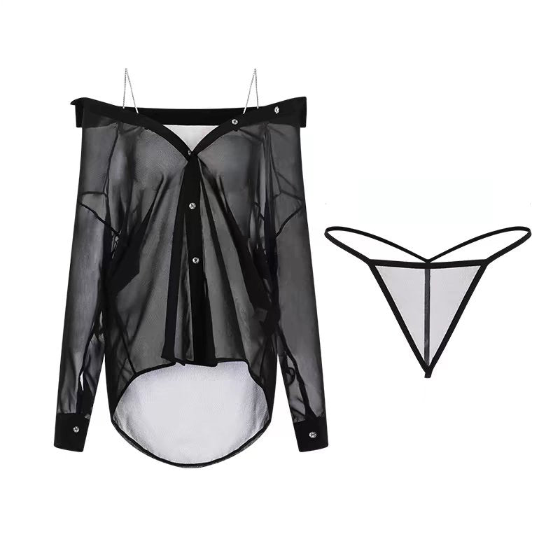 Plus Size Shirt Style Two Piece Sheer Lingerie - Sinderella