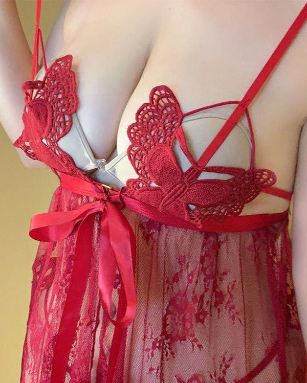 Plus Size Two Piece Lace Mesh Babydoll Lingerie Set - Sinderella