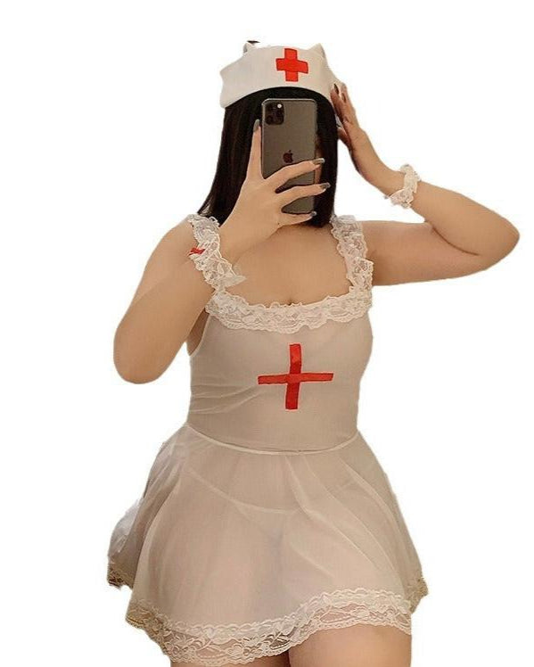 Plus Size Two Piece Nurse Roleplay Lingerie Set With Cap - Sinderella