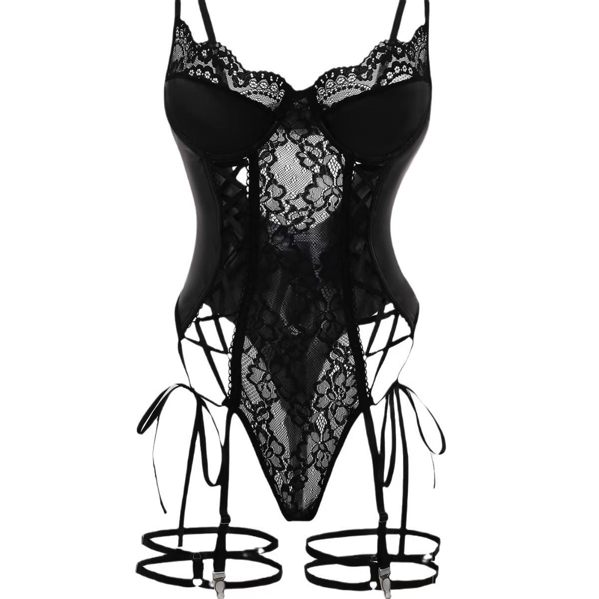 Queen of Hearts Lace & Leather Lingerie Set - Sinderella
