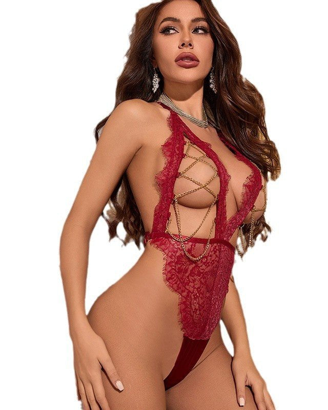 Red Flag Energy Lace & Chain Halter Teddy Lingerie - Sinderella