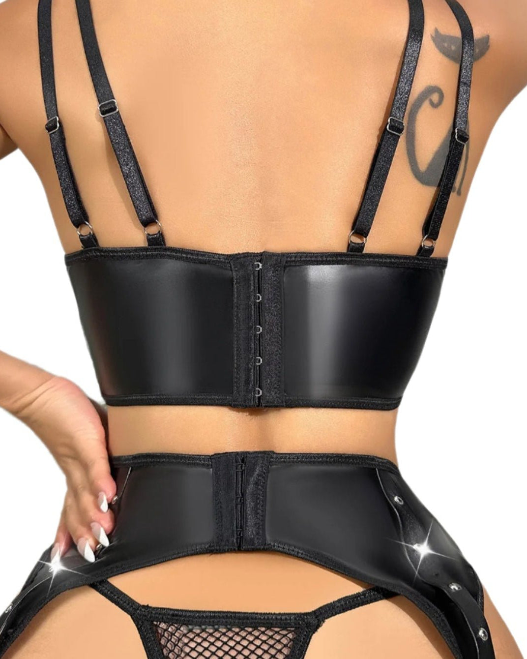 Risk Taker Strapped Mesh & Faux Leather Lingerie Set - Sinderella