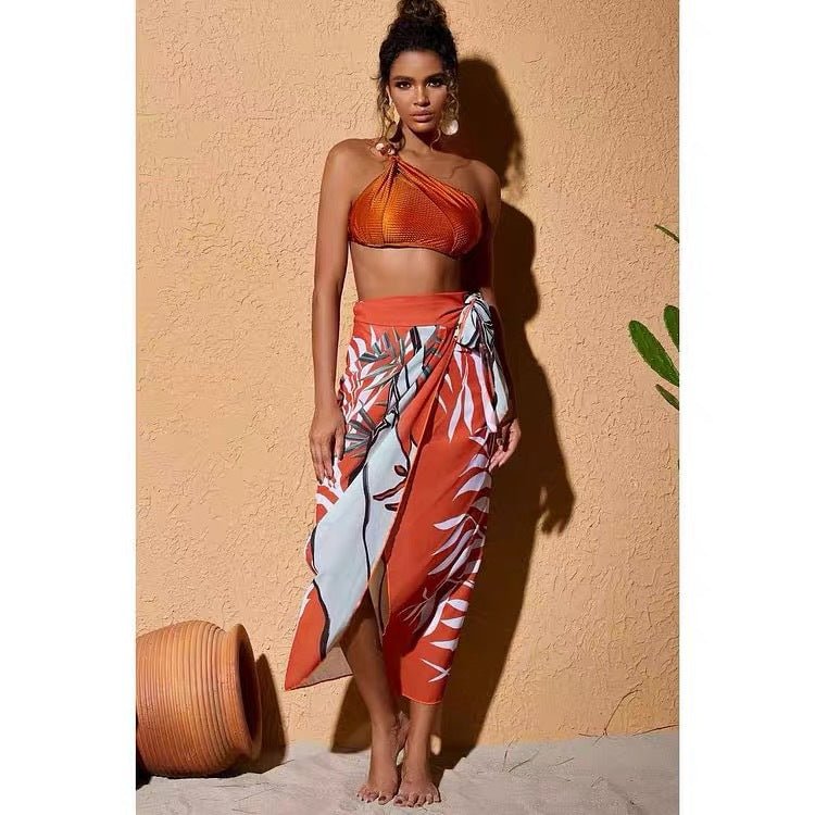 Three Piece High Waist Bikini Swim Set With Sarong By Sinderella - Sinderella