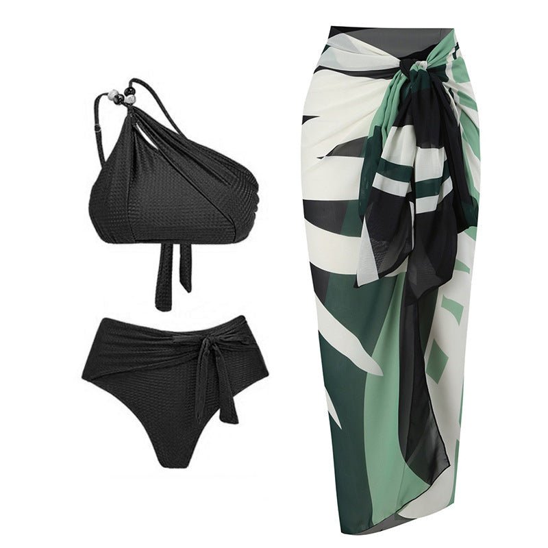 Three Piece High Waist Bikini Swim Set With Sarong By Sinderella - Sinderella