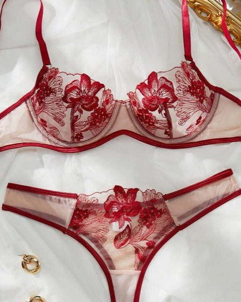 Twilight Tease Sheer Embroidered Bra & Thong Lingerie - Sinderella