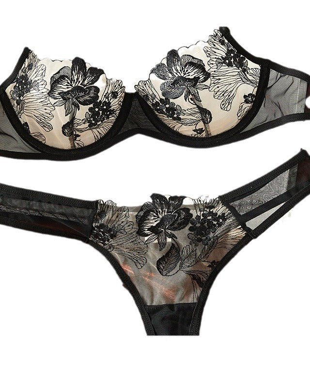 Twilight Tease Sheer Embroidered Bra & Thong Lingerie - Sinderella