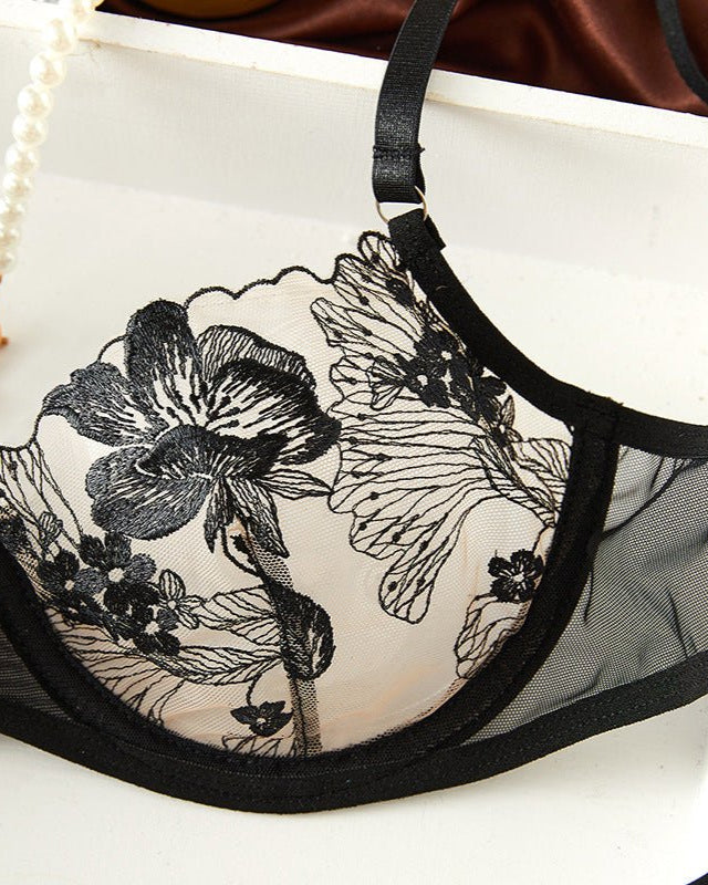 Twilight Tease Sheer Embroidered Bra & Thong Lingerie - Sinderella