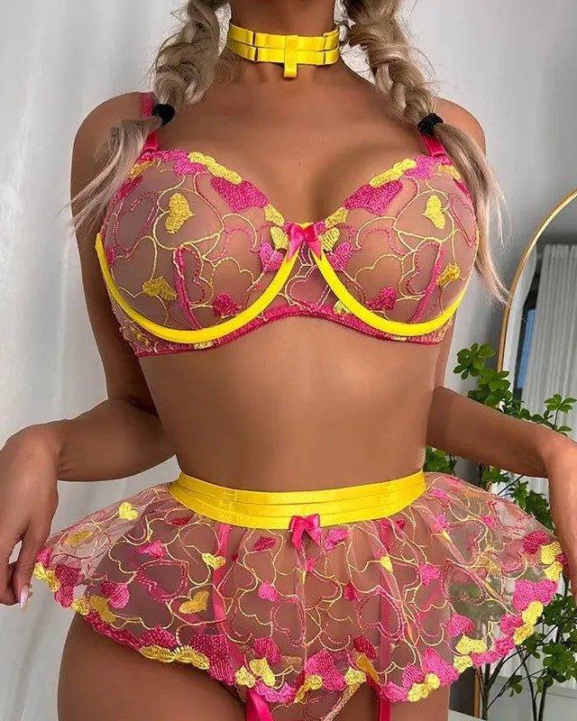 Aurora Two Piece Mesh Lace Lingerie With Garter Belt - Sinderella
