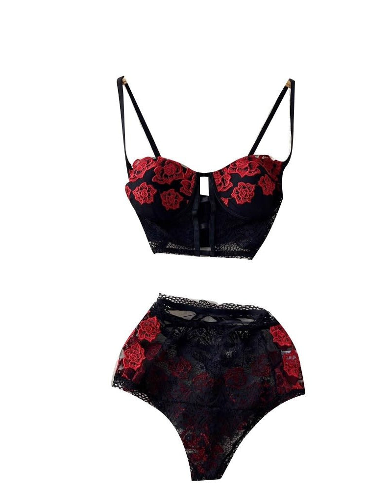 Cabello Two Piece Floral Embroidered Bustier Lingerie - Sinderella