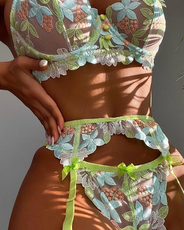 Diana Floral Lace Three Piece Lingerie Set - Sinderella