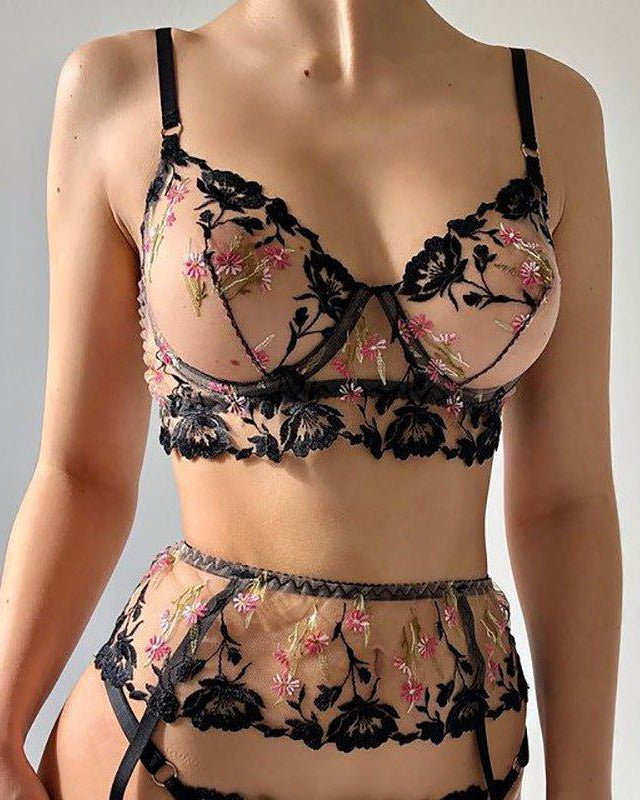 Gwen Floral Sheer Three Piece Lingerie Set - Sinderella
