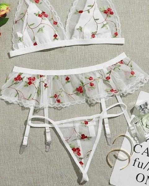 Riley Three Piece Floral Lingerie Set - Sinderella