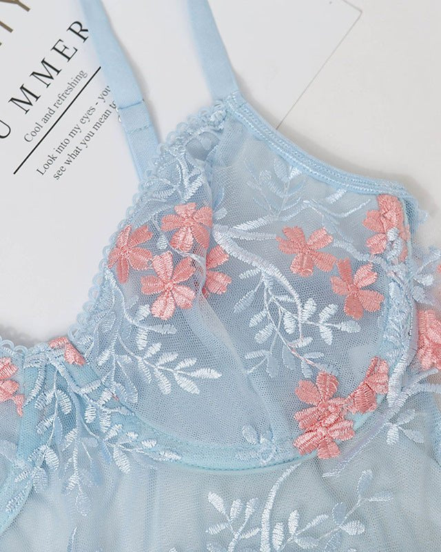 Rose Two Piece Floral Lace Mesh Lingerie - Sinderella