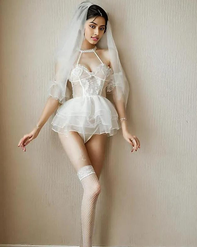 Skylar Mesh Sheer Bridal Babydoll Lingerie Set - Sinderella