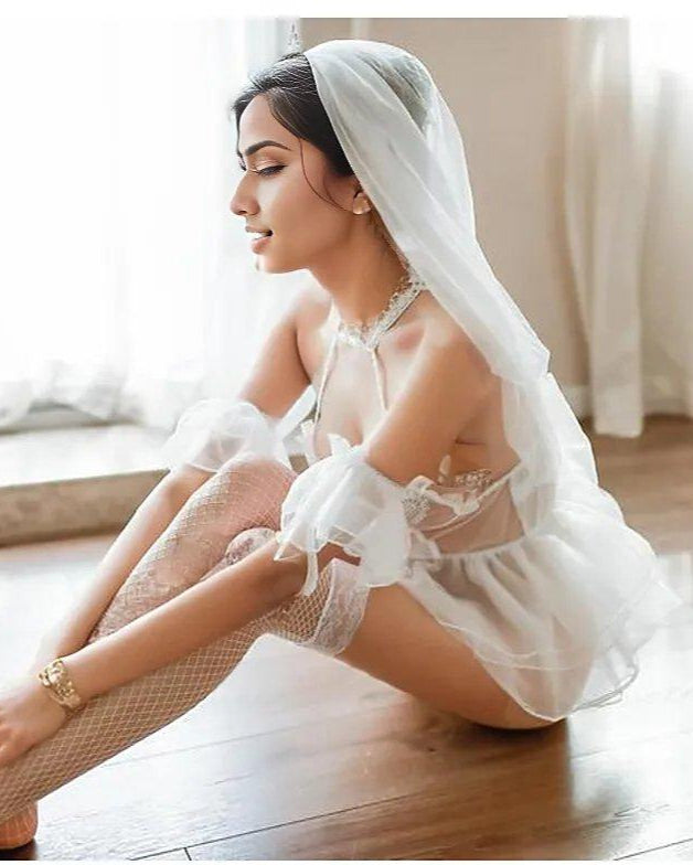 Skylar Mesh Sheer Bridal Babydoll Lingerie Set - Sinderella