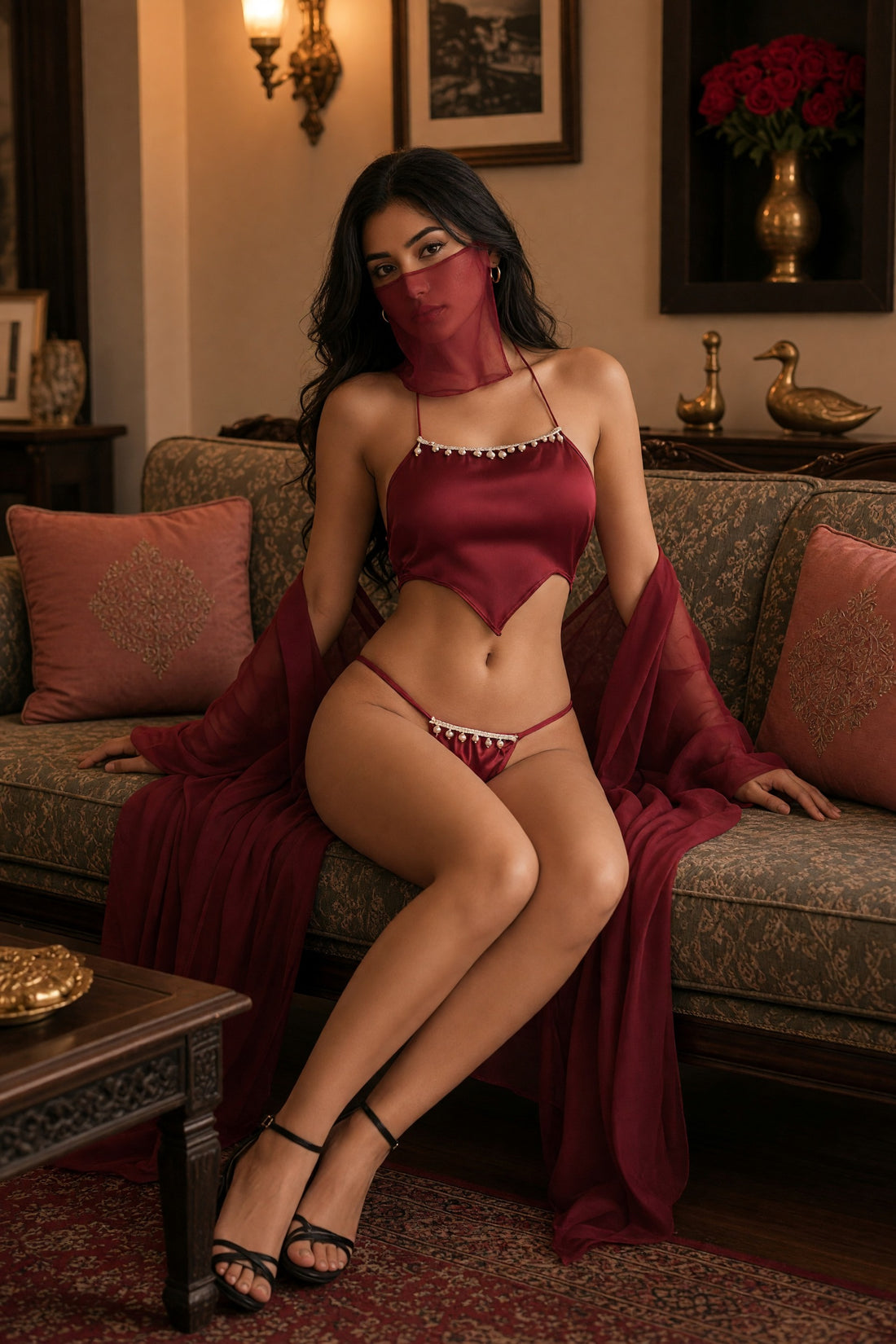 Nawabi — Four-Piece Satin Halter Top, Panty, Robe & Mask Set