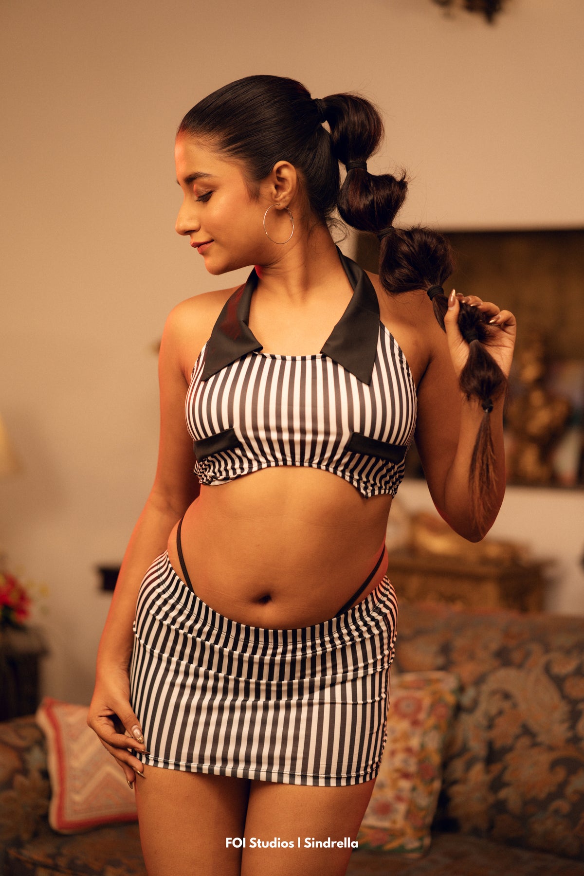 Safar — Three-Piece Striped Halter Top, Panty & Skirt Set