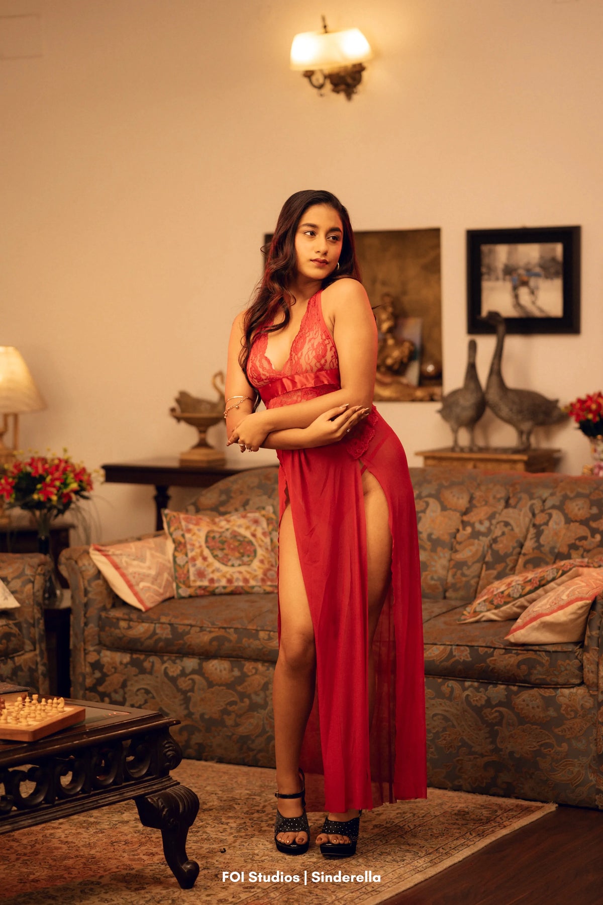 Himmat — Two-Piece Lace Sheer Side-Slit Dress & Panty Set