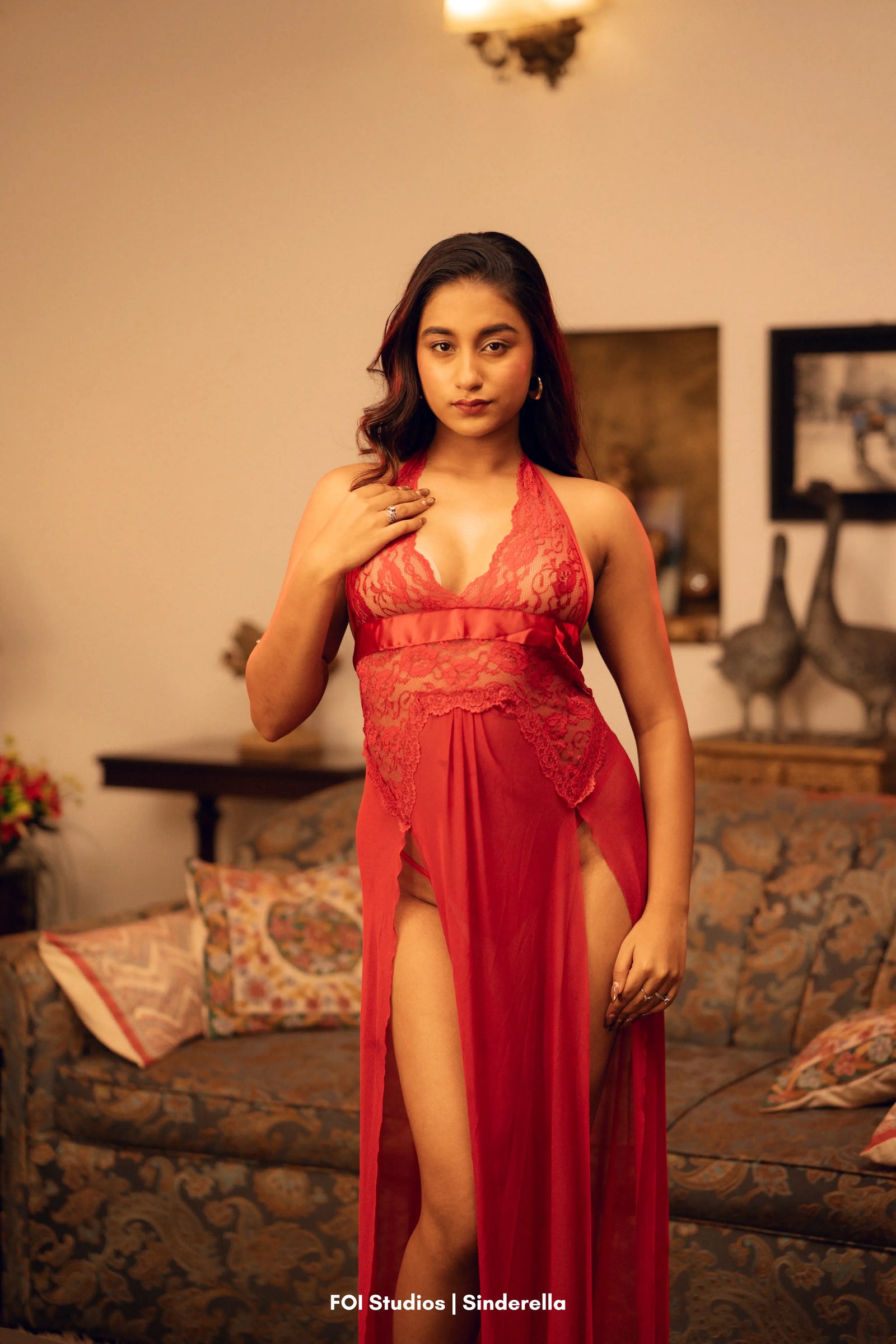 Himmat — Two-Piece Lace Sheer Side-Slit Dress & Panty Set