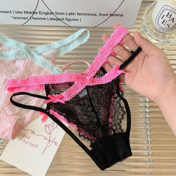Mishti — Cross-Strap Lace Thong with Neon Trim