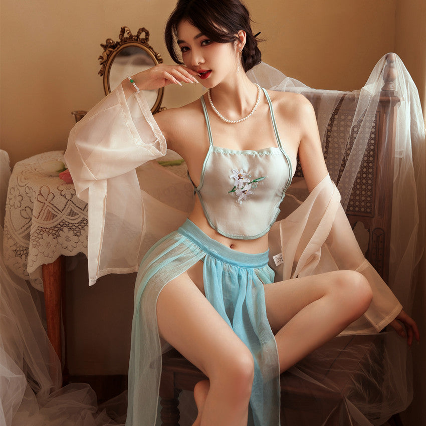 Apsara — Embroidered Halter Top, Sheer Skirt & Robe Set