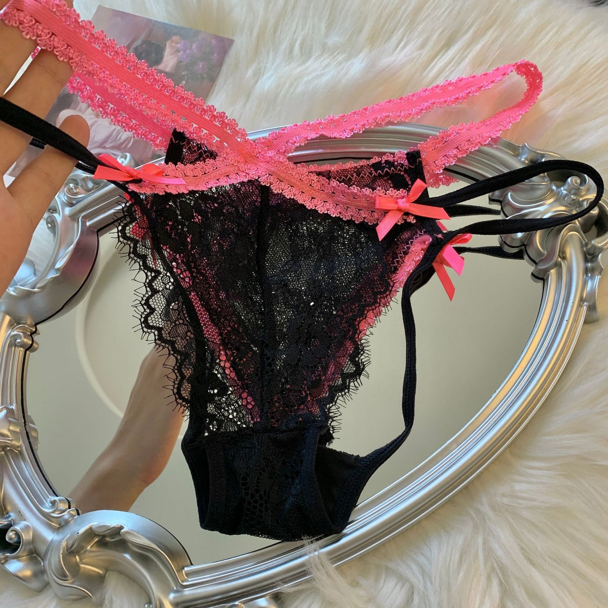 Mishti — Cross-Strap Lace Thong with Neon Trim