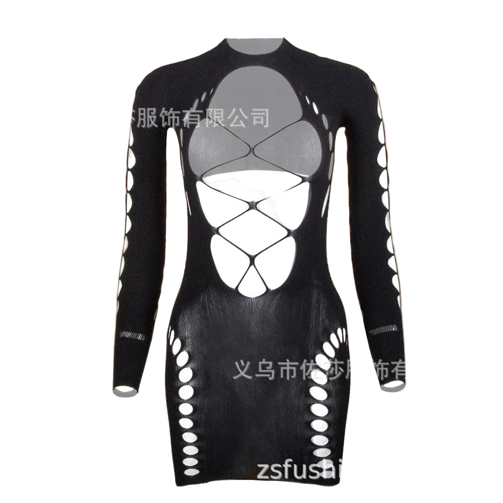 Rangeen — Long-Sleeve Strappy Cutout Bodystocking Mini Dress
