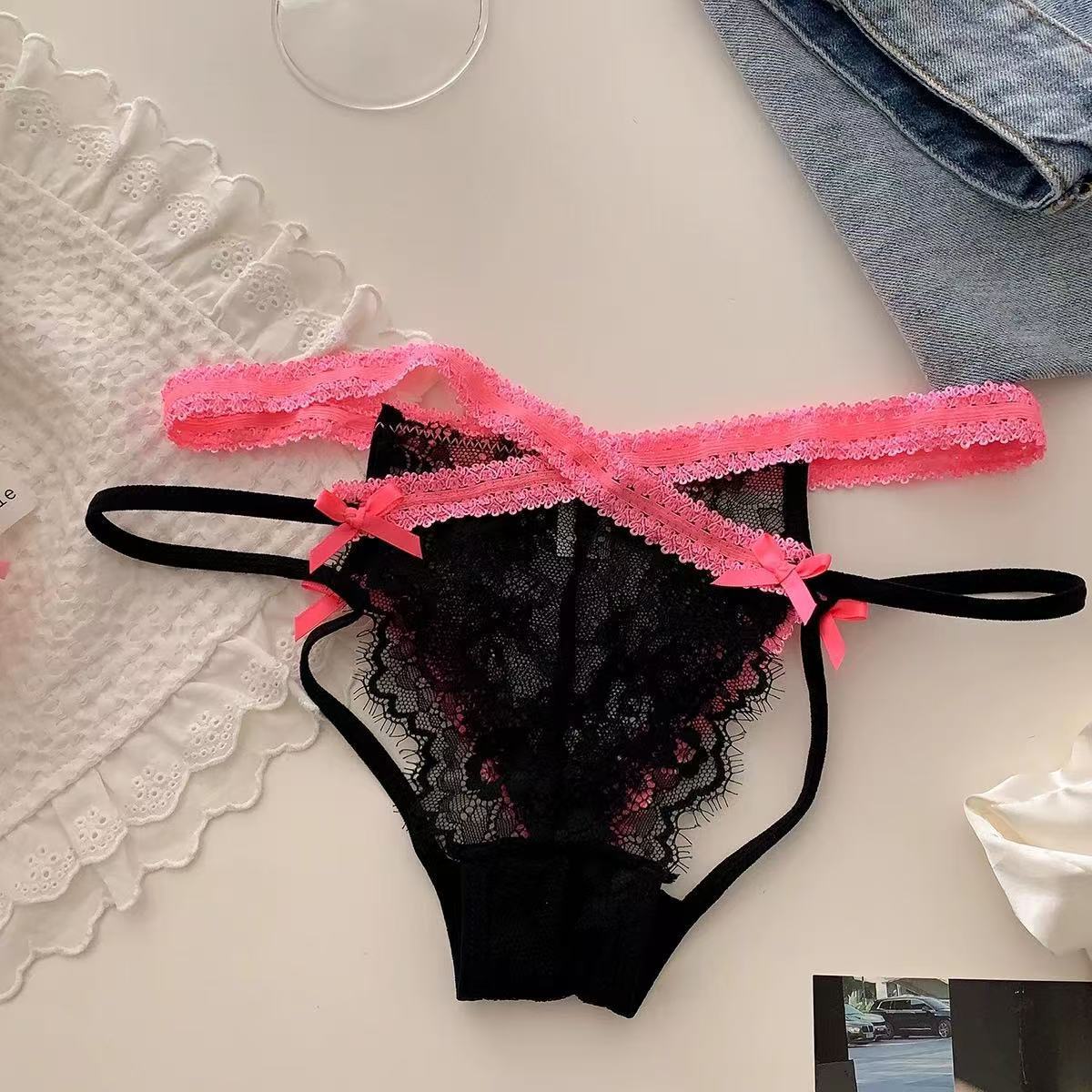 Mishti — Cross-Strap Lace Thong with Neon Trim