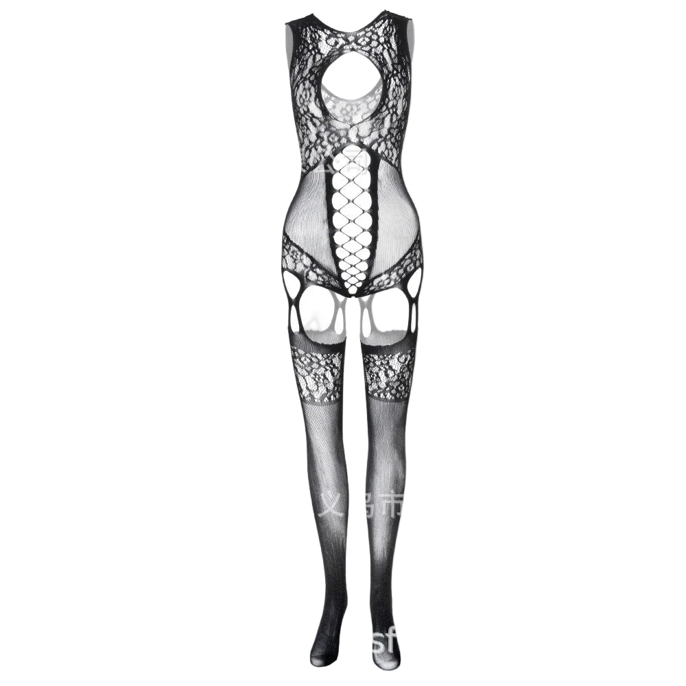 Kajri — Strappy Lace Suspender Bodystocking with Stockings