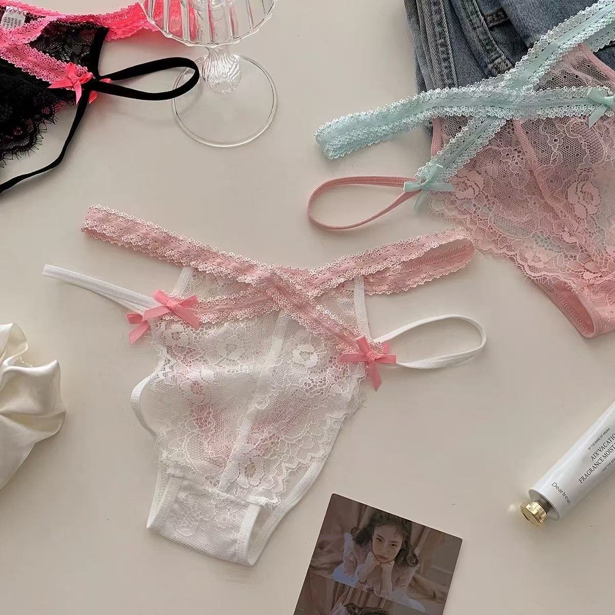 Mishti — Cross-Strap Lace Thong with Neon Trim