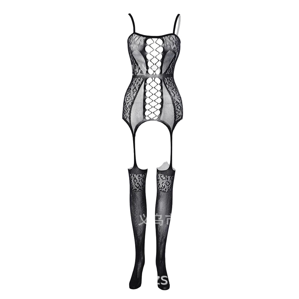 Tara — Halter Lace Suspender Bodystocking with Stockings