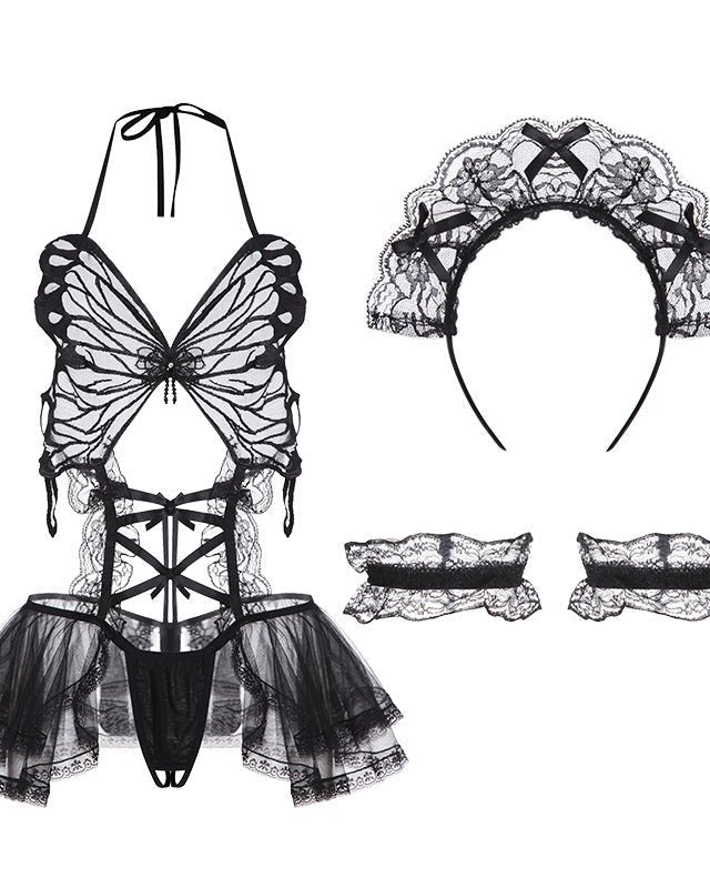 Azari Sheer Mesh Babydoll Lingerie Set With Hairband - Sinderella