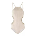 Beige Embellished Side Cutout Monokini Swimwear By Sinderella - Sinderella