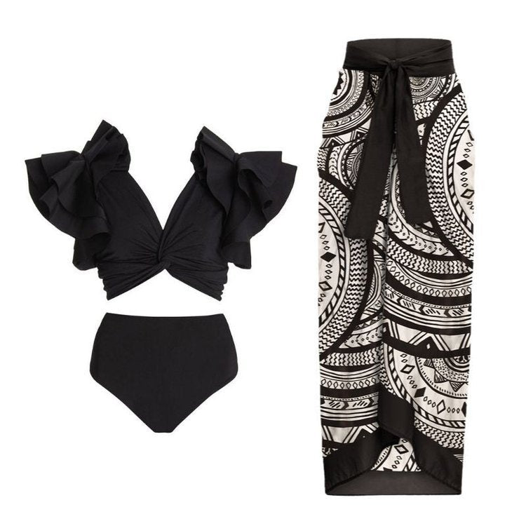 Black Ruffle Sleeves High Waisted Two Piece Swim Wear With Printed Sarong By Sinderella - Sinderella