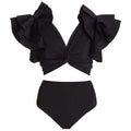 Black Ruffle Sleeves High Waisted Two Piece Swim Wear With Printed Sarong By Sinderella - Sinderella