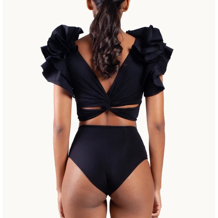 Black Ruffle Sleeves High Waisted Two Piece Swim Wear With Printed Sarong By Sinderella - Sinderella