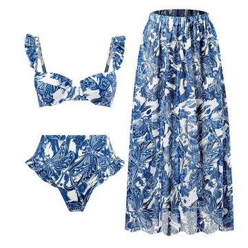 Blue Floral Print Retro Style Bikini Two Piece Swim Suit With Swing Skirt By Sinderella - Sinderella