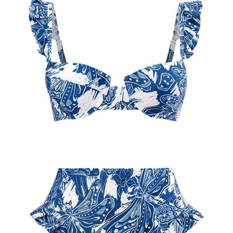 Blue Floral Print Retro Style Bikini Two Piece Swim Suit With Swing Skirt By Sinderella - Sinderella