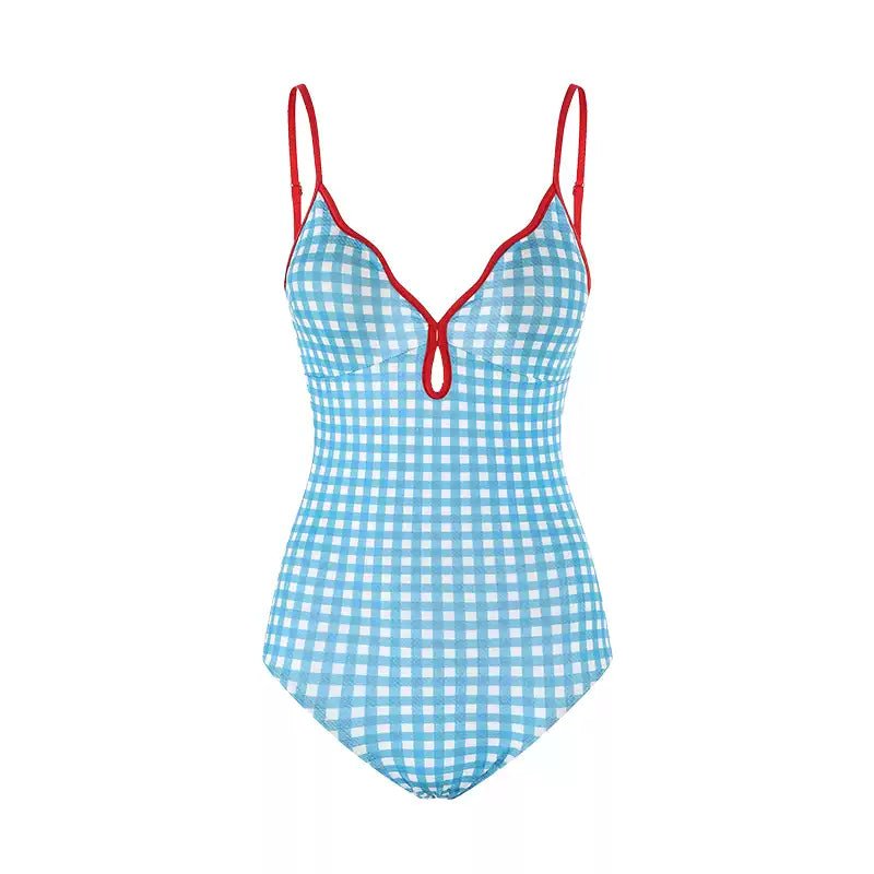 Blue Gingham Design With Red Straps Monokini By Sinderella - Sinderella