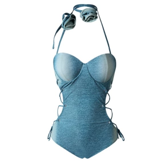 Blue Padded Denim Monokini - One Piece Swimsuit By Sinderella - Sinderella