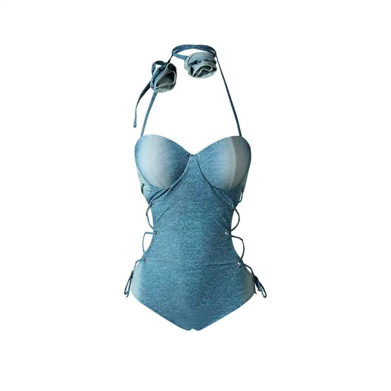 Blue Padded Denim Monokini - One Piece Swimsuit By Sinderella - Sinderella