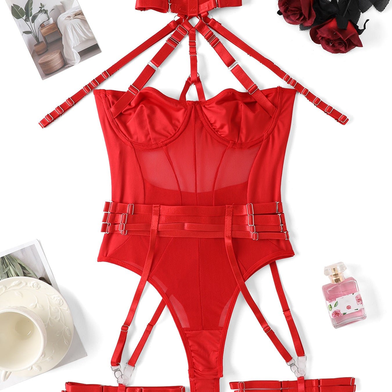 Choke Me Chic Mesh Bondage - Inspired Teddy Lingerie Set - Sinderella