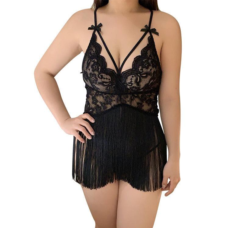 Plus Size Lace Fringe Backless Lingerie Set