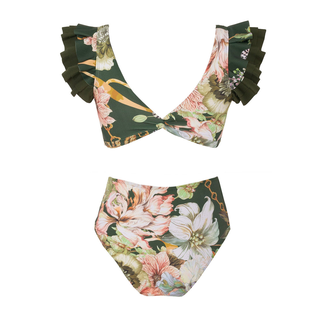 Dark Green Floral High Waisted Two Piece Swimsuit With Ruffled Pencil Skirt by Sinderella - Sinderella