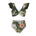 Dark Green Floral High Waisted Two Piece Swimsuit With Ruffled Pencil Skirt by Sinderella - Sinderella