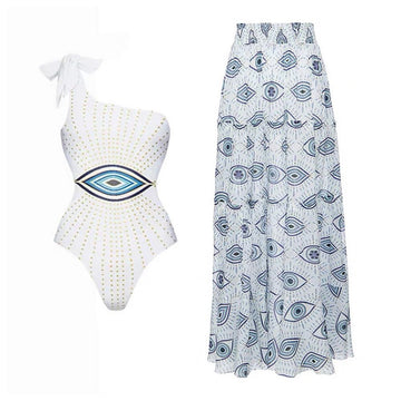 Evil Eye One Shoulder Monokini Swimwear with Flared Skirt By Sinderella - Sinderella
